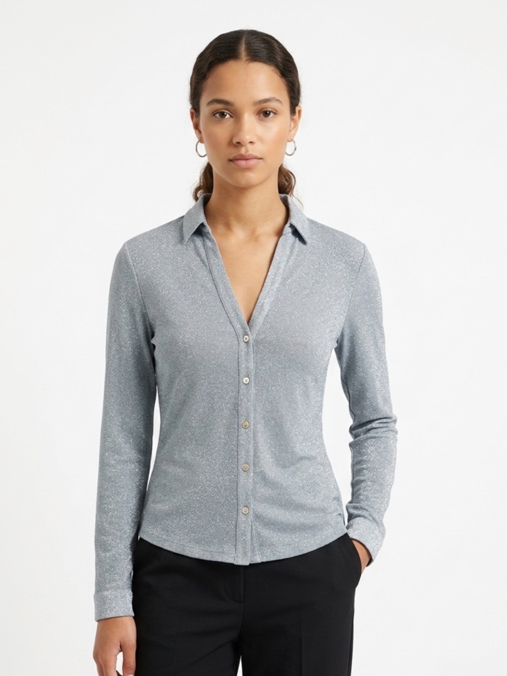 Ted Baker London Silver Glitter Button Down Metallic Sparkle Shimmer Size XS